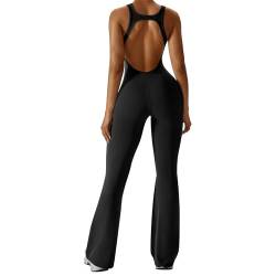 OEAK Damen Sport Jumpsuit Lang Eng Flare Jumpsuits Elegant Hosenanzug Ärmellos Yoga Overall Einteiler Ganzkörperanzug Weites Bein Romper Schlaghosen,H-Rücken Tiefschwarz,S von OEAK