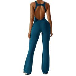 OEAK Damen Sport Jumpsuit Lang Eng Flare Jumpsuits Elegant Hosenanzug Ärmellos Yoga Overall Einteiler Ganzkörperanzug Weites Bein Romper Schlaghosen,H-Rücken Tiefseeblau,S von OEAK