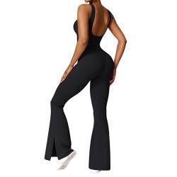 OEAK Damen Sport Jumpsuit Lang Eng Flare Jumpsuits Elegant Hosenanzug Ärmellos Yoga Overall Einteiler Ganzkörperanzug Weites Bein Romper Schlaghosen,Schwarz,M von OEAK