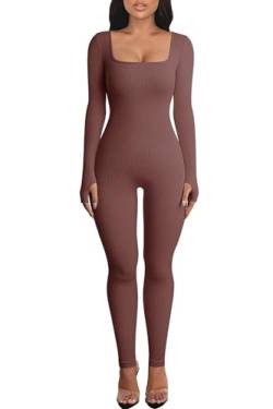 OEAK Damen Sport Jumpsuit Lang Eng Yoga Bodysuit Overall Stretch Langarm Bodycon Strampler Sportanzug Einteiler Hosenanzug Trainingsanzug,Braun,XL von OEAK