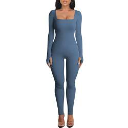 OEAK Damen Sport Jumpsuit Lang Eng Yoga Bodysuit Overall Stretch Langarm Bodycon Strampler Sportanzug Einteiler Hosenanzug Trainingsanzug,Dunkelblau,S von OEAK