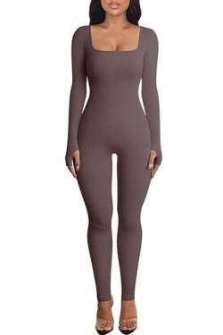 OEAK Damen Sport Jumpsuit Lang Eng Yoga Bodysuit Overall Stretch Langarm Bodycon Strampler Sportanzug Einteiler Hosenanzug Trainingsanzug,Dunkelbraun,S von OEAK