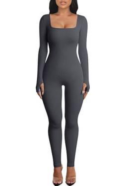 OEAK Damen Sport Jumpsuit Lang Eng Yoga Bodysuit Overall Stretch Langarm Bodycon Strampler Sportanzug Einteiler Hosenanzug Trainingsanzug,Dunkelgrau,M von OEAK