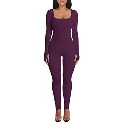 OEAK Damen Sport Jumpsuit Lang Eng Yoga Bodysuit Overall Stretch Langarm Bodycon Strampler Sportanzug Einteiler Hosenanzug Trainingsanzug,Fuchsie,M von OEAK