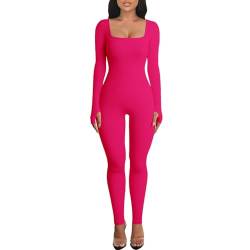 OEAK Damen Sport Jumpsuit Lang Eng Yoga Bodysuit Overall Stretch Langarm Bodycon Strampler Sportanzug Einteiler Hosenanzug Trainingsanzug,Rosenrot,S von OEAK