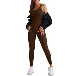 OEAK Damen Sport Jumpsuit Lang Eng Yoga Overall Ärmellos Playsuits Gerippte Workout Bodysuit Stretch Jogging Strampler Trainingsanzug,V-Rücken Braun,L von OEAK