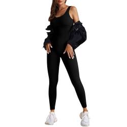 OEAK Damen Sport Jumpsuit Lang Eng Yoga Overall Ärmellos Playsuits Gerippte Workout Bodysuit Stretch Jogging Strampler Trainingsanzug,V-Rücken Tiefschwarz,S von OEAK