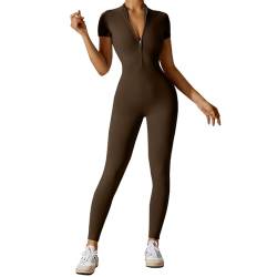 OEAK Damen Sport Jumpsuit Lang Eng Yoga Overall Kurzarm Rollkragen Playsuits mit Reißverschluss Nahtloser Bodysuit Bodycon Strampler Einteiler Romper,Kurzarm Mokkabraun,L von OEAK