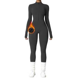 OEAK Damen Sport Jumpsuit Lang Eng Yoga Overall Langarm Rollkragen Playsuits mit Rei?verschluss Nahtloser Fleece gefüttert Bodysuit Einteiler Romper(Grau，M) von OEAK