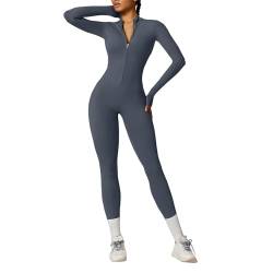 OEAK Damen Sport Jumpsuit Lang Eng Yoga Overall Langarm Rollkragen Playsuits mit Reißverschluss Nahtloser Bodysuit Bodycon Strampler Einteiler Romper,Dunkelblau,L von OEAK