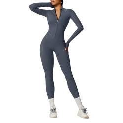 OEAK Damen Sport Jumpsuit Lang Eng Yoga Overall Langarm Rollkragen Playsuits mit Reißverschluss Nahtloser Bodysuit Bodycon Strampler Einteiler Romper,Dunkelblau,XL von OEAK