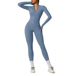 OEAK Damen Sport Jumpsuit Lang Eng Yoga Overall Langarm Rollkragen Playsuits mit Reißverschluss Nahtloser Bodysuit Bodycon Strampler Einteiler Romper,Hellblau (Keine Fleecegefüttert,XL von OEAK