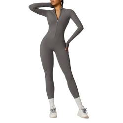 OEAK Damen Sport Jumpsuit Lang Eng Yoga Overall Langarm Rollkragen Playsuits mit Reißverschluss Nahtloser Bodysuit Bodycon Strampler Einteiler Romper,Hellgrau,L von OEAK