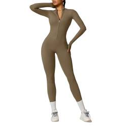 OEAK Damen Sport Jumpsuit Lang Eng Yoga Overall Langarm Rollkragen Playsuits mit Reißverschluss Nahtloser Bodysuit Bodycon Strampler Einteiler Romper,Kamel,M von OEAK