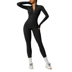 OEAK Damen Sport Jumpsuit Lang Eng Yoga Overall Langarm Rollkragen Playsuits mit Reißverschluss Nahtloser Bodysuit Bodycon Strampler Einteiler Romper,Kohlenschwarz (Keine Fleecegefüttert,XL von OEAK