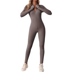 OEAK Damen Sport Jumpsuit Lang Eng Yoga Overall Langarm V-Ausschnitt Playsuits mit Reißverschluss Einteiliger Strampler Slim Fit Trainingsanzug,Braun,L von OEAK