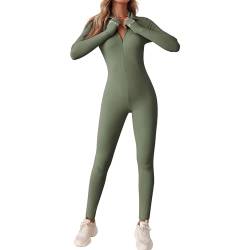 OEAK Damen Sport Jumpsuit Lang Eng Yoga Overall Langarm V-Ausschnitt Playsuits mit Reißverschluss Einteiliger Strampler Slim Fit Trainingsanzug,Grün,S von OEAK