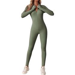 OEAK Damen Sport Jumpsuit Lang Eng Yoga Overall Langarm V-Ausschnitt Playsuits mit Reißverschluss Einteiliger Strampler Slim Fit Trainingsanzug,Grün,XL von OEAK