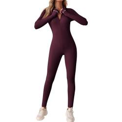 OEAK Damen Sport Jumpsuit Lang Eng Yoga Overall Langarm V-Ausschnitt Playsuits mit Reißverschluss Einteiliger Strampler Slim Fit Trainingsanzug,Lilarot,S von OEAK