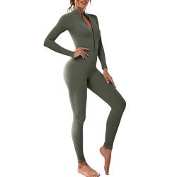 OEAK Damen Sport Jumpsuit Lang Eng Yoga Overall Langarm V-Ausschnitt Playsuits mit Reißverschluss Jogging Strampler Hosenanzug Trainingsanzug,Dunkelgrau,S von OEAK