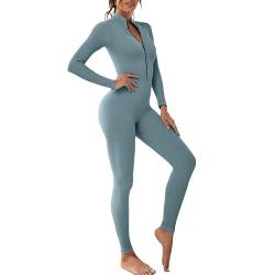 OEAK Damen Sport Jumpsuit Lang Eng Yoga Overall Langarm V-Ausschnitt Playsuits mit Reißverschluss Jogging Strampler Hosenanzug Trainingsanzug,Hellblau,S von OEAK