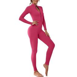 OEAK Damen Sport Jumpsuit Lang Eng Yoga Overall Langarm V-Ausschnitt Playsuits mit Reißverschluss Jogging Strampler Hosenanzug Trainingsanzug,Rosenrot,L von OEAK