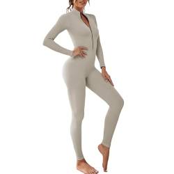 OEAK Damen Sport Jumpsuit Lang Eng Yoga Overall Langarm V-Ausschnitt Playsuits mit Reißverschluss Jogging Strampler Hosenanzug Trainingsanzug,Sliber,M von OEAK