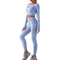 OEAK Damen Sportanzug Trainingsanzug Jogginganzug 2 Teilig Sport Sets Yoga Outfit Crop Top +Leggings Sportkleidung,B-Hellblau,S von OEAK