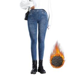 OEAK Damen Thermo Leggings Jeans-Look High Waist Jeggings gefüttert Jeansoptik Leggins Thermohose mit Innenfutter Stretch Skinny Jeanshosen Strumphose,1PC Hellblau,XL von OEAK