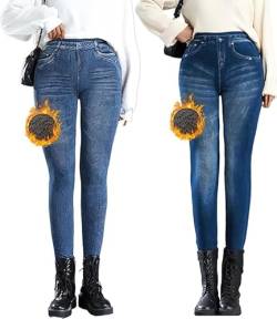 OEAK Damen Thermo Leggings Jeans-Look High Waist Jeggings gefüttert Jeansoptik Leggins Thermohose mit Innenfutter Stretch Skinny Jeanshosen Strumphose,2PCS Hellblau+Dunkelblau,M von OEAK