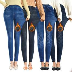 OEAK Damen Thermo Leggings Jeans-Look High Waist Jeggings gefüttert Jeansoptik Leggins Thermohose mit Innenfutter Stretch Skinny Jeanshosen Strumphose,4PCS Blau+pures Schwarz,S von OEAK