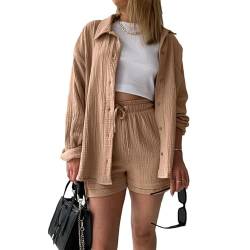 OEAK Damen Zweiteiler Outfit Sommer Freizeitanzug Einfarbig Revers Button Down Hemd und Shorts Set Casual Loungewear Hosenanzug Y2K Streetwear,Plissee-Khaki,S von OEAK