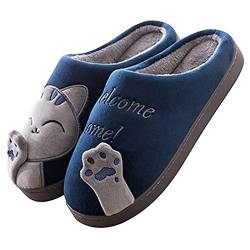 OEAK Hausschuhe Herren Katzen Damen Pantoffeln Plüsch Slippers Winter Weich warmLatschen mit rutschfestem Boden für Herren Mädchen Jungen(Blau,44-45) von OEAK