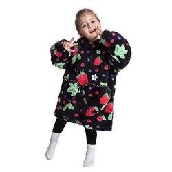 OEAK Hoodie Decke Kinder Pullover Decke Oversize lose Übergroße Kuscheldecke mit Ärmeln Sweatshirt Decke mit Kapuze Kapuzenpullover für Mädchen Jungen (Erdbeere, 3-6 Jahre) von OEAK