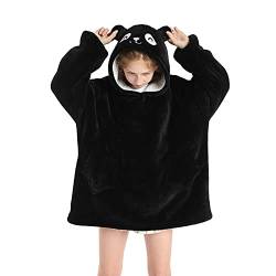 OEAK Hoodie Decke Kinder Pullover Decke Oversize lose Übergroße Kuscheldecke mit Ärmeln Sweatshirt Decke mit Kapuze Kapuzenpullover für Mädchen Jungen (Panda Schwarz, 7-12 Jahre) von OEAK