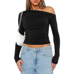 OEAK Langarmshirt Damen Eng Y2K Oberteile Slim Fit Sexy Schulterfrei Crop Tops Langarm Cropped Tee Basic Shirts Athletisches Top Teenager Streetwear,Kohlenschwarz,M von OEAK