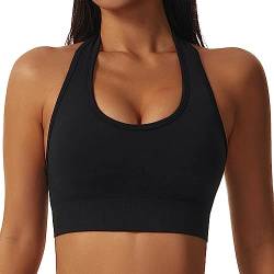 OEAK Neckholder Sport BH Damen Rückenfrei Fitness Bustier Gepolstert Push Up Ohne Bügel Yoga Bra Mittlerer Halt Workout Crop Top,Schwarz,M von OEAK