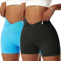 OEAK Scrunch Butt Sportshorts Damen Workout Radlerhose V Cross High Waist Push Up Kurz Sporthosen Nahtlos Booty Tights Fitness Gym Shorts,2PCS-Schwarz/Blau,S von OEAK