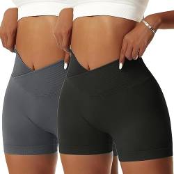 OEAK Scrunch Butt Sportshorts Damen Workout Radlerhose V Cross High Waist Push Up Kurz Sporthosen Nahtlos Booty Tights Fitness Gym Shorts,2PCS-Schwarz/Grau,S von OEAK