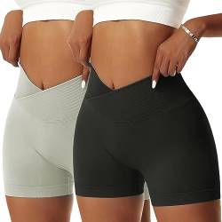 OEAK Scrunch Butt Sportshorts Damen Workout Radlerhose V Cross High Waist Push Up Kurz Sporthosen Nahtlos Booty Tights Fitness Gym Shorts,2PCS-Schwarz/Hellgrün,L von OEAK