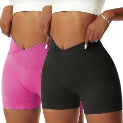 OEAK Scrunch Butt Sportshorts Damen Workout Radlerhose V Cross High Waist Push Up Kurz Sporthosen Nahtlos Booty Tights Fitness Gym Shorts,2PCS-Schwarz/Rosa,M von OEAK