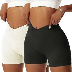 OEAK Scrunch Butt Sportshorts Damen Workout Radlerhose V Cross High Waist Push Up Kurz Sporthosen Nahtlos Booty Tights Fitness Gym Shorts,2PCS-Schwarz/Weiß,L von OEAK