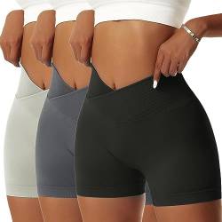 OEAK Scrunch Butt Sportshorts Damen Workout Radlerhose V Cross High Waist Push Up Kurz Sporthosen Nahtlos Booty Tights Fitness Gym Shorts,3PCS-Schwarz/Dunkelgrau/Hellgrün,L von OEAK