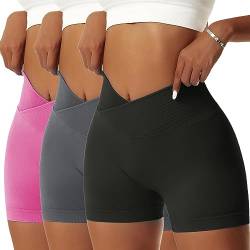 OEAK Scrunch Butt Sportshorts Damen Workout Radlerhose V Cross High Waist Push Up Kurz Sporthosen Nahtlos Booty Tights Fitness Gym Shorts,3PCS-Schwarz/Dunkelgrau/Rosa,S von OEAK