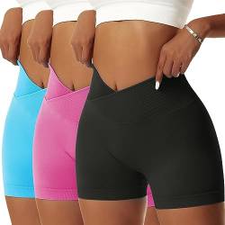 OEAK Scrunch Butt Sportshorts Damen Workout Radlerhose V Cross High Waist Push Up Kurz Sporthosen Nahtlos Booty Tights Fitness Gym Shorts,3PCS-Schwarz/Rosa/Blau,M von OEAK