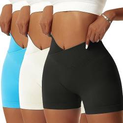 OEAK Scrunch Butt Sportshorts Damen Workout Radlerhose V Cross High Waist Push Up Kurz Sporthosen Nahtlos Booty Tights Fitness Gym Shorts,3PCS-Schwarz/Weiß/Blau,M von OEAK