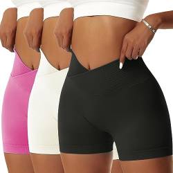 OEAK Scrunch Butt Sportshorts Damen Workout Radlerhose V Cross High Waist Push Up Kurz Sporthosen Nahtlos Booty Tights Fitness Gym Shorts,3PCS-Schwarz/Weiß/Rosa,S von OEAK