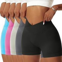 OEAK Scrunch Butt Sportshorts Damen Workout Radlerhose V Cross High Waist Push Up Kurz Sporthosen Nahtlos Booty Tights Fitness Gym Shorts,5PCS-Schwarz/Dunkelgrau/Hellgrün/Rosa/Blau,S von OEAK