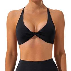 OEAK Sport BH Rückenfrei Damen Crossback Bra Twisted V-Ausschnitt Push Up Crop Top Gepolstert Bustier Ohne Bügel für Yoga Gym Fitness,1 PC Schwarz,L von OEAK