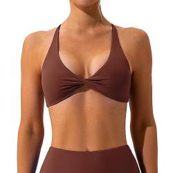 OEAK Sport BH Rückenfrei Damen Crossback Bra Twisted V-Ausschnitt Push Up Crop Top Gepolstert Bustier Ohne Bügel für Yoga Gym Fitness,1PC Braun,M von OEAK